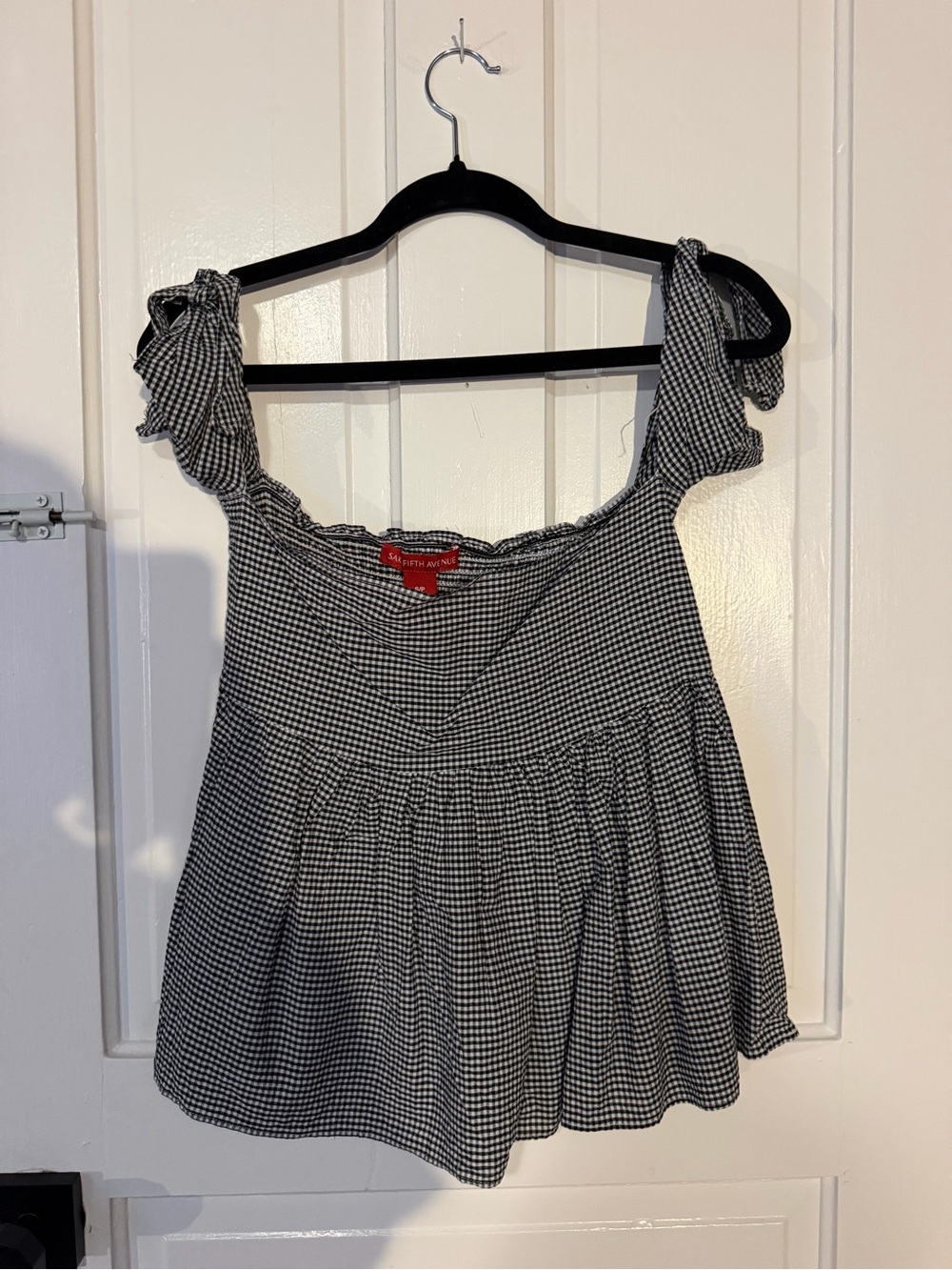 Gingham Tie-sleeve off the shoulder Top - Black/White